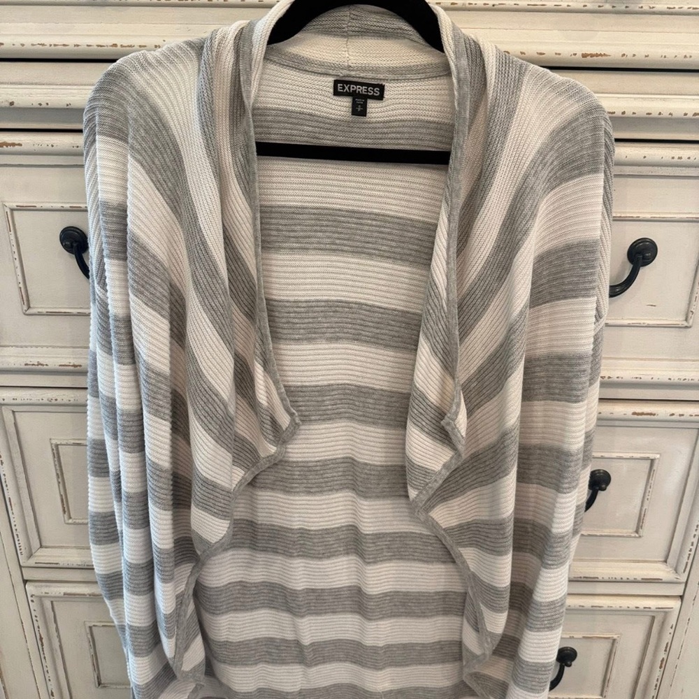Express Gray and White Striped Cardigan Sweater